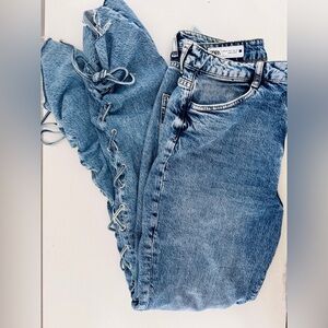 Zara Lace-Up Blue Straight Leg Jeans